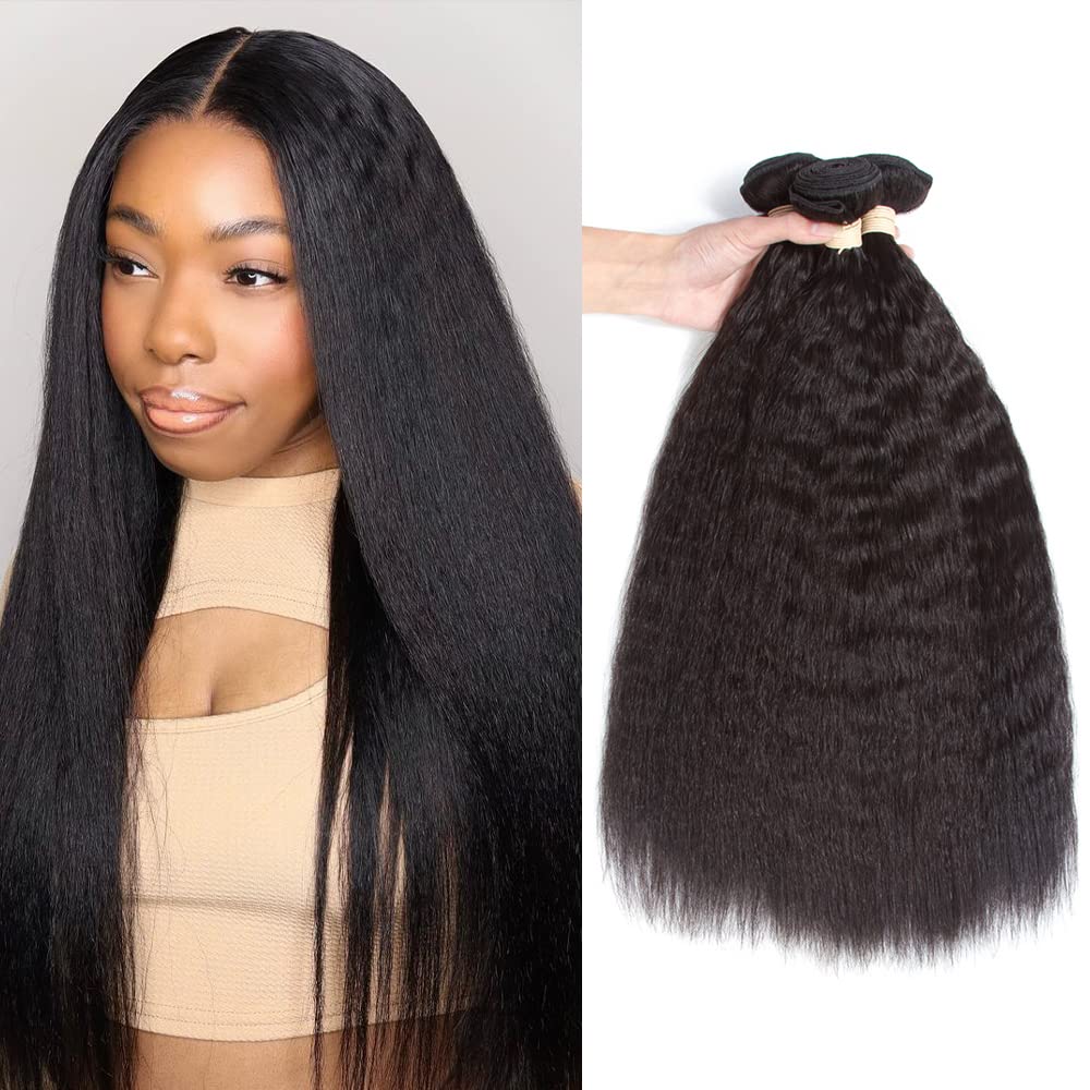 Kinky Straight Bundles Human Hair, Kerriana 24 26 28 Inch Long Hair Weave Human Hair Bundles 100% 3pcs Raw Human Hair Bundles Ki