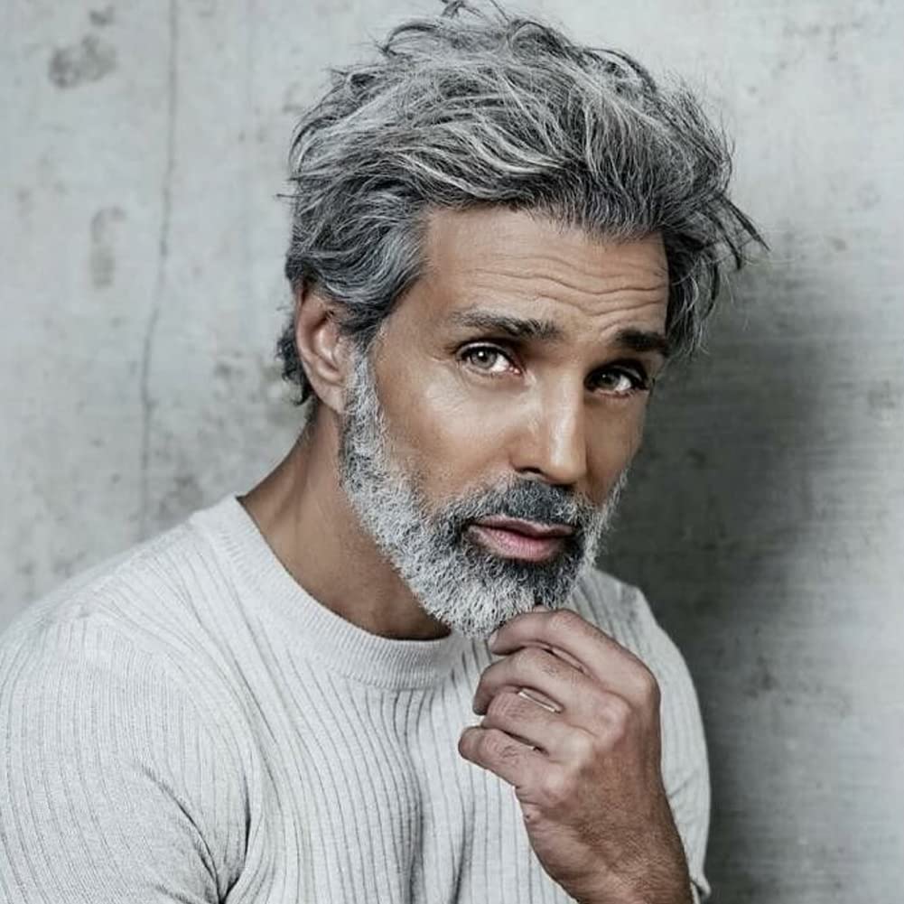 Creamily Mens Wigs Short Synthetic Layered Party Hair Full Wig For Male Guy Short Grey White Mix Black Wigs For Men