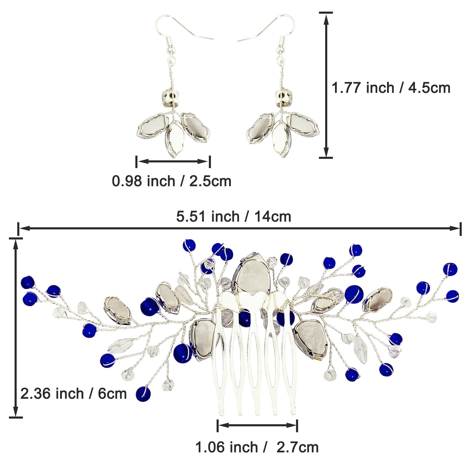 Bridal Crystal Hair Comb And Earrings Set Elegant Bride Wedding Hair Piece Accessories For Women Prom Party Photography (Royal B