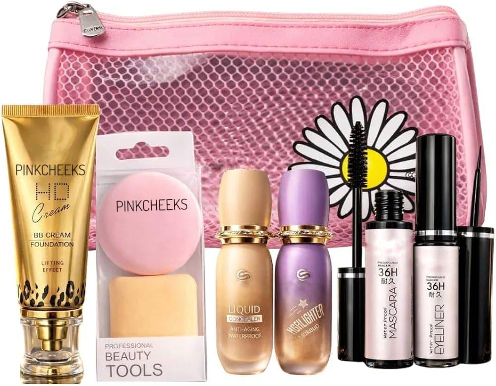 6In1 Complete Makeup Combo Kit  Bb Cream, Mascara & Eyeliner, Powder Puffs Set, Liquid Concealer & Liquid Highlighter With Tr