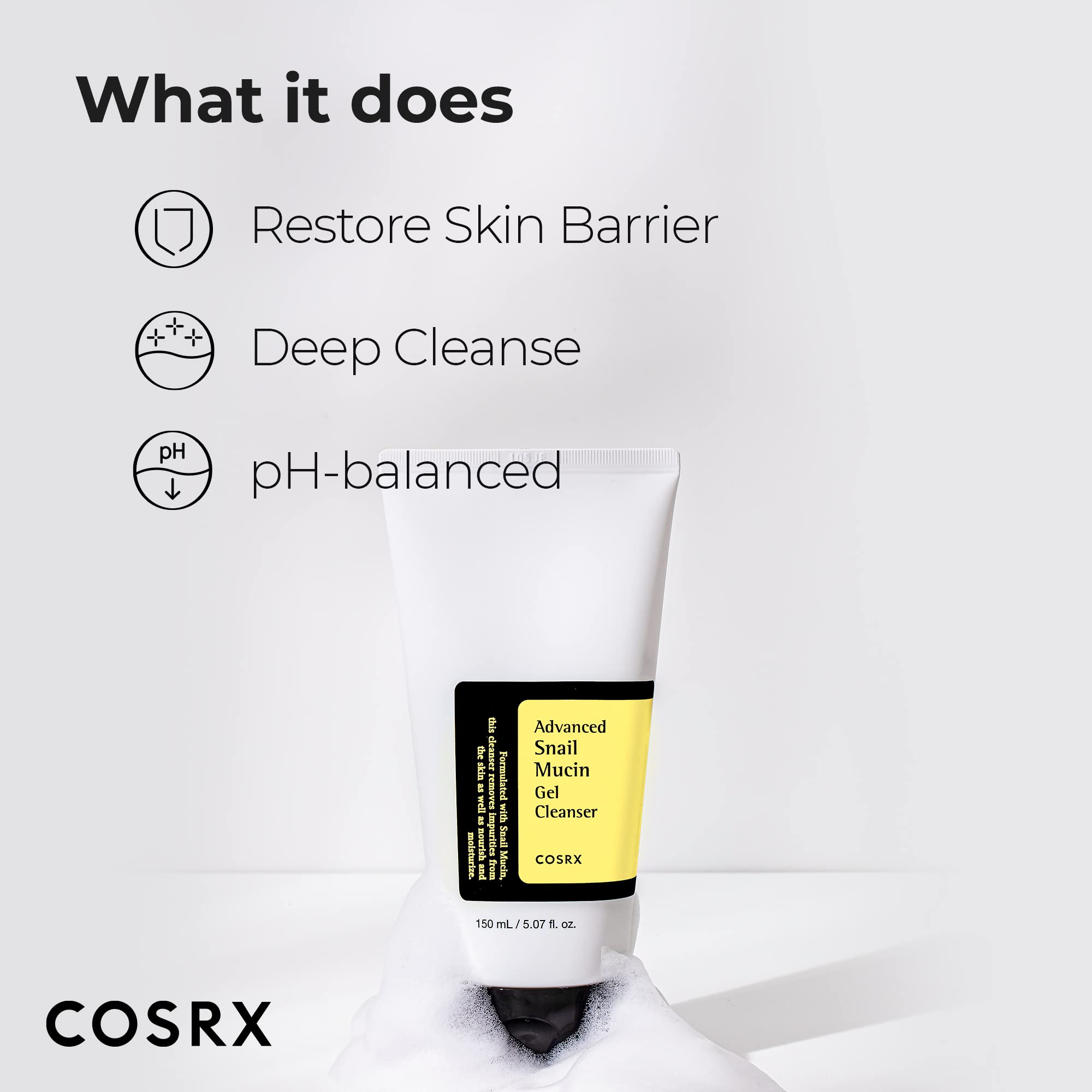 Cosrx Advanced Snail Mucin Gel Cleanser, 5.07 Fl Oz / 150 Ml, Rich Daily Deep Cleansing Gel For Dry & Sensitive Skin, Korean Ski