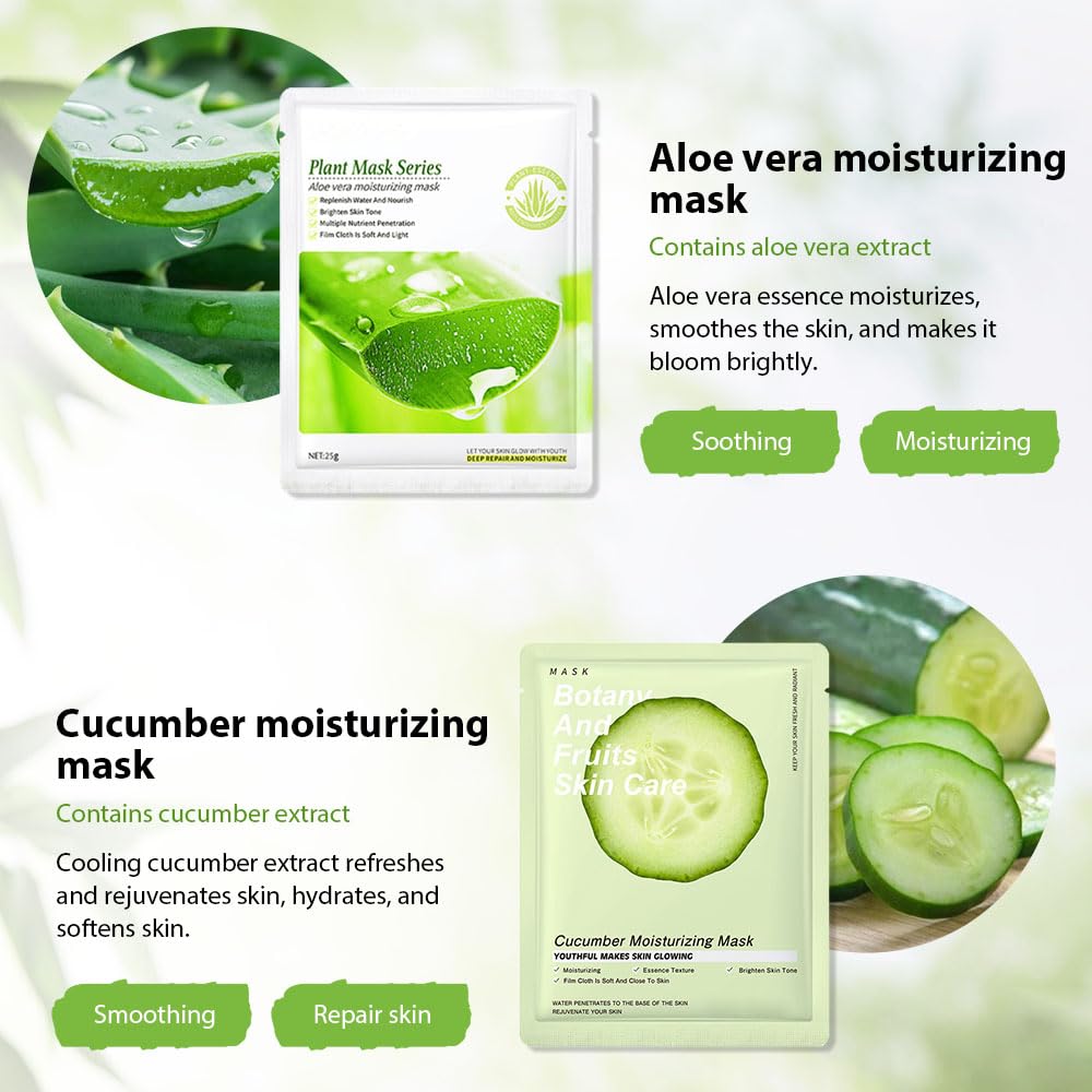 6 Pcs Real Hydrating Avocado Honey Pomegranate Aloe Vera Nature Face Masks Skincare, Hyaluronic Acid, Vitamin C And E, Korean Be