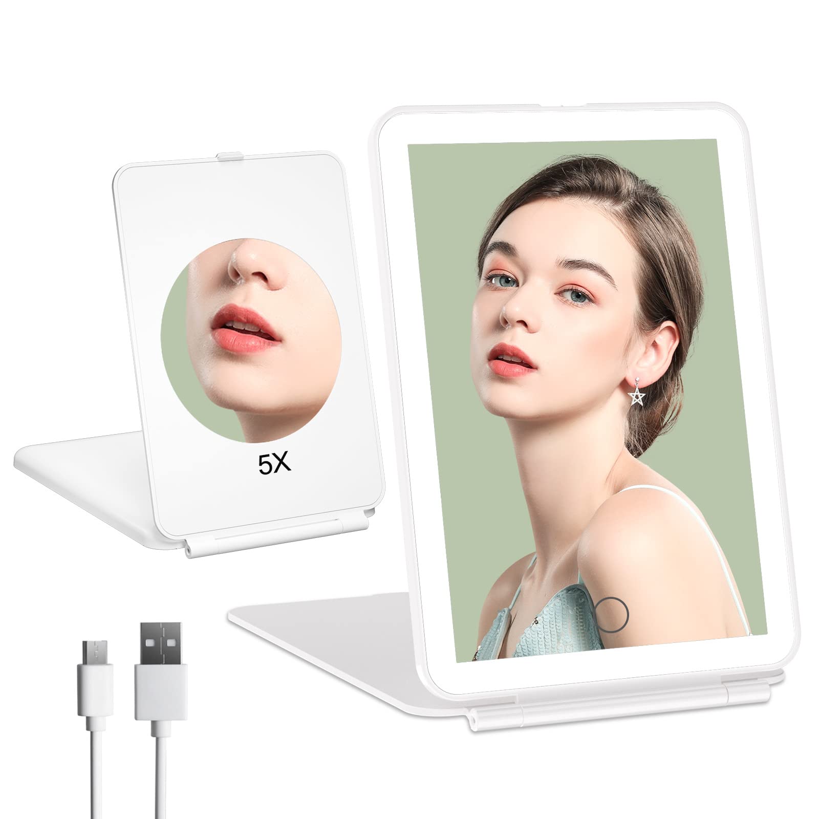 FUNTOUCH Rechargeable Portable Makeup Mirror with 72 LED Lights, Travel Lighted 1X/5X Magnification, 3 Color Lighting,Dimmable T