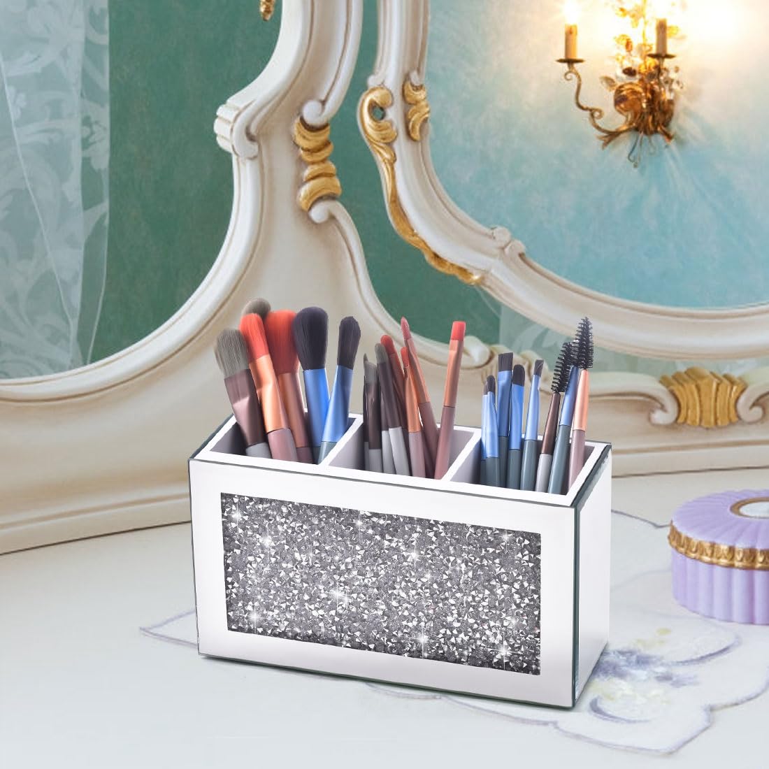 Amezey Mirrored Makeup Brush Holder Organizer, 3 Compartments Cosmetic Brush Storage Holders, Crushed Diamond Remote control hol