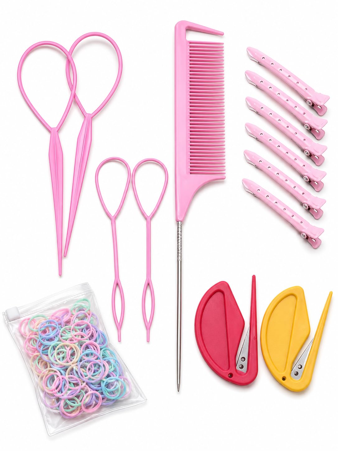 Braiding Hair Tools Set with Rat Tail Comb, Topsy Tail, Clips & Bands