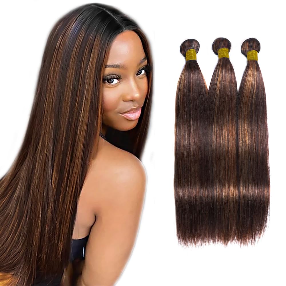 Lukcttr 24 26 28 Inch Honey Brown Bundle Highlight Straight Human Hair Bundles FB#30 Straight Bundle Human Hair 50 Gram Per Bund