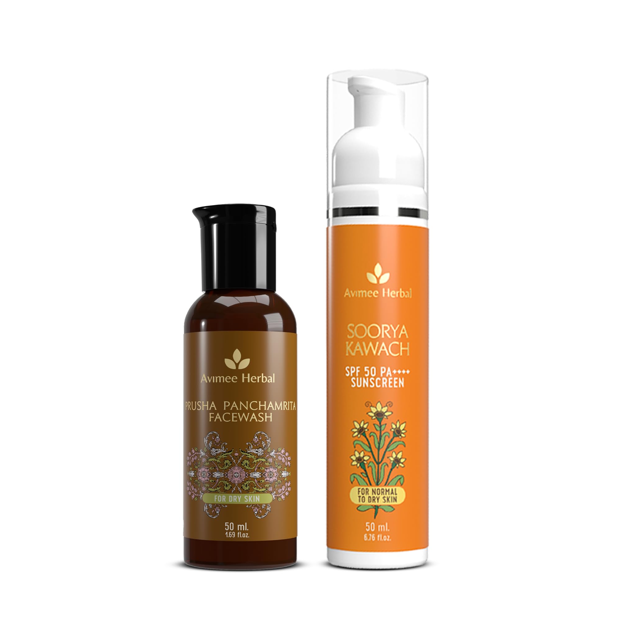 Avimee Herbal Skin Care Combo | Prusha Panchamrita Facewash, 50 Ml | Soorya Kawach Sunscreen, 50Ml | Super Saver Pack