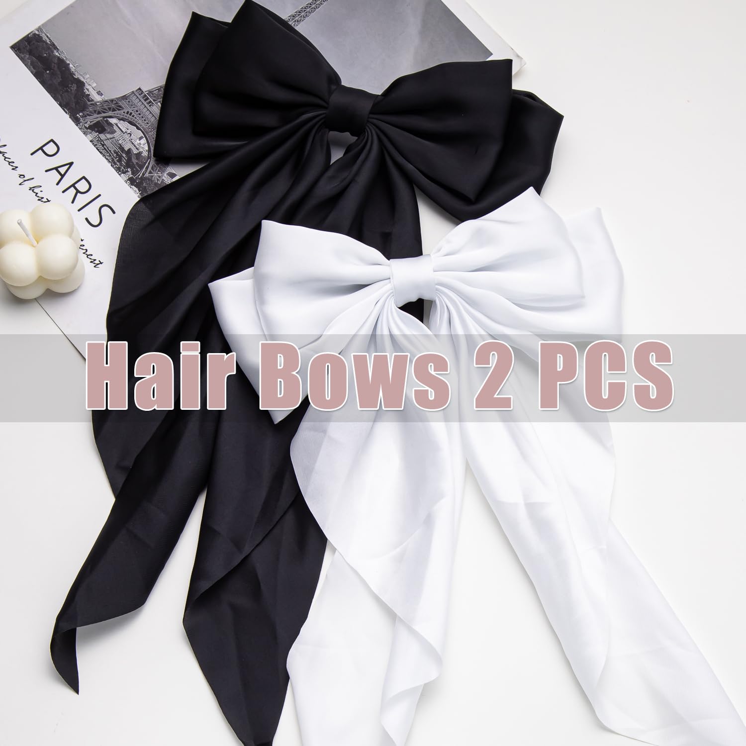 Hair Bows 2 Pcs Ribbon Bow For Women And Girls, Oversized Long-Tail Cute Aesthetic Hair Accessories, Large Hair Barrettes (Black