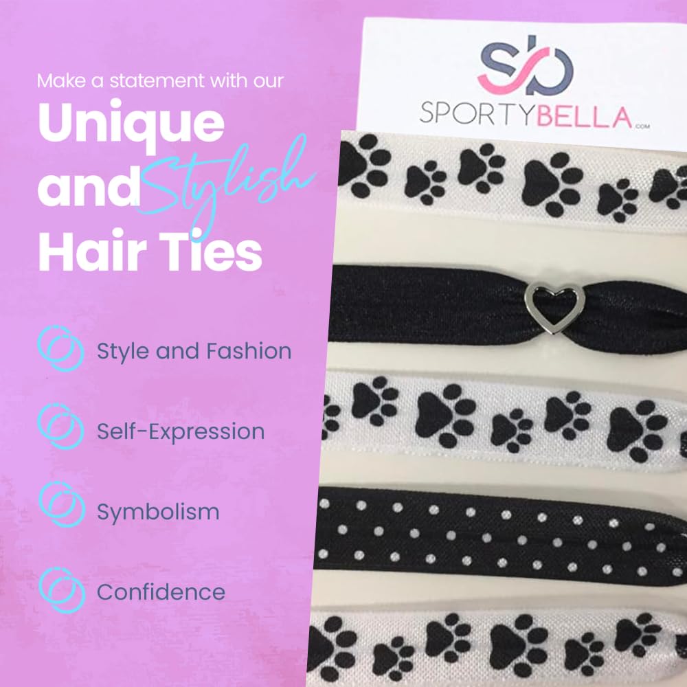 Sportybella Paw Print Hair Ties (Black/White)- Hair Accessories For Girls, Women, Teens & Kids. No Crease Elastic Hair Ties Set