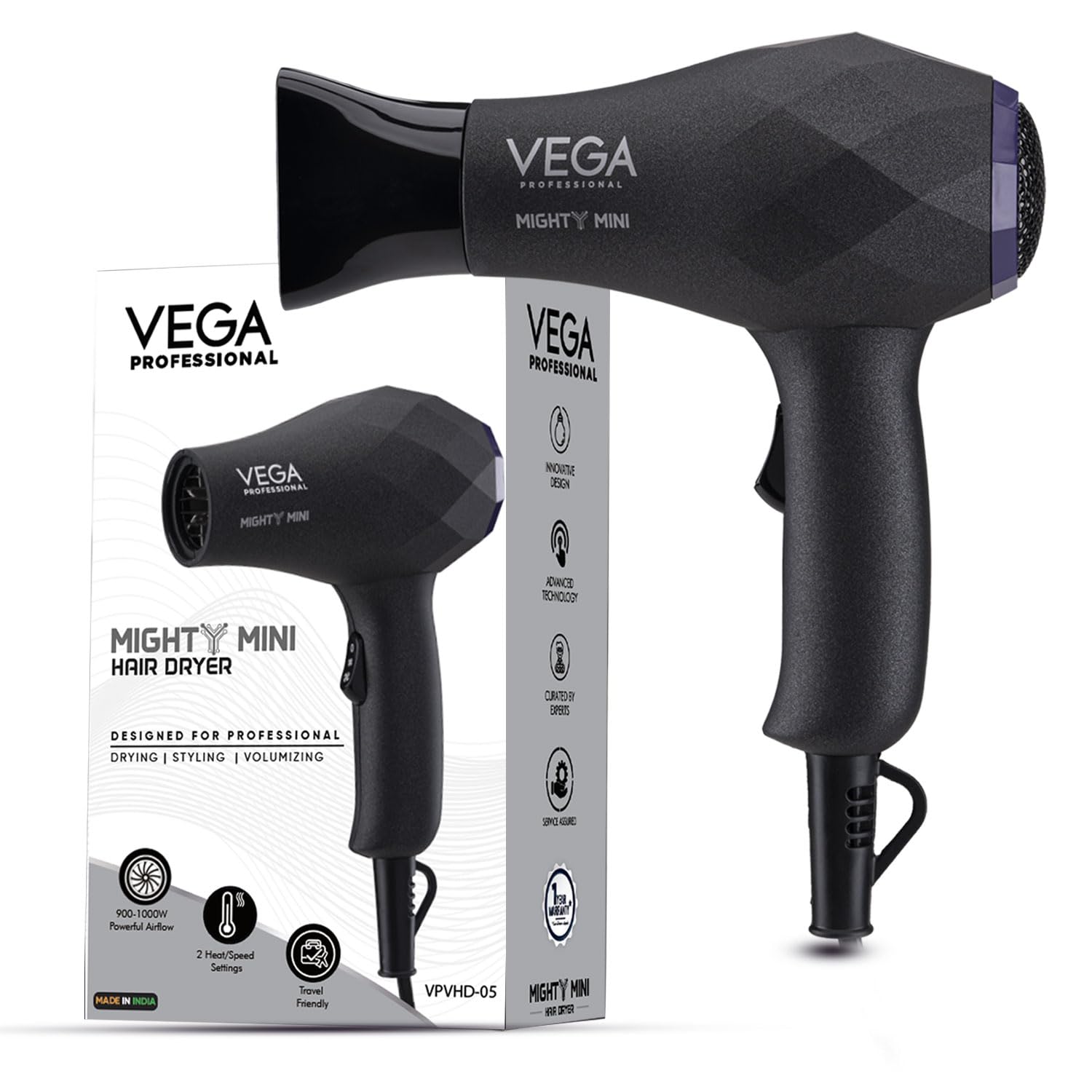 Vega Professional Mighty Mini 1000W Hair Dryer For Men & Women With 2 Heat/Speed Settings And Tourmaline Technology, Black (Vpvh