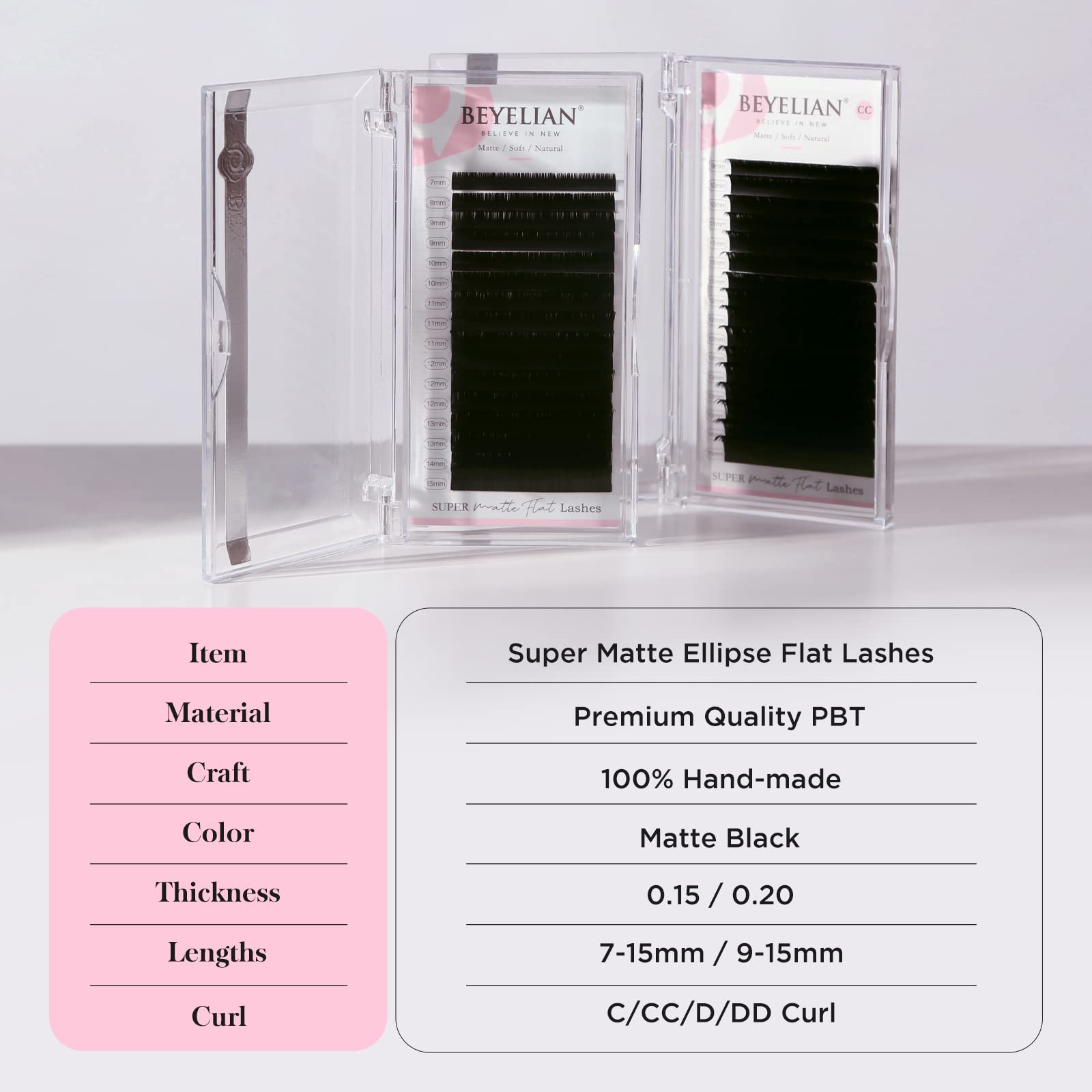 Beyelian Eyelash Extensions, Individual Lashes, 0.15Mm Cc Curl 9-15Mm Super Matte Classic Lash Extensions, Ellipse Flat Eyelash