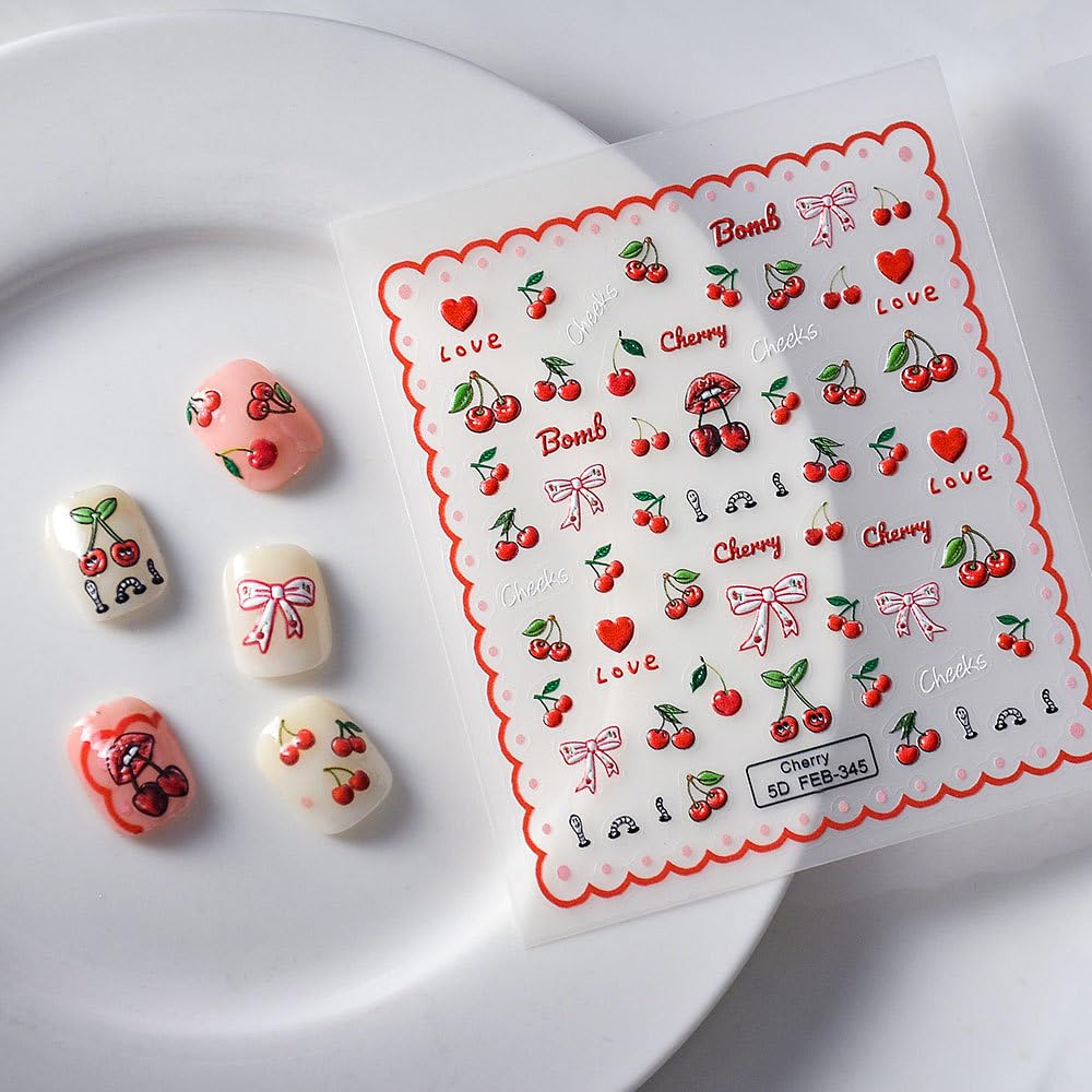 Fruit Nail Art Stickers 5D Embossed Cherry Nail Stickers Self-Adhesive Heart Love Bow Nail Decals For Women Girls Daily Wear Man