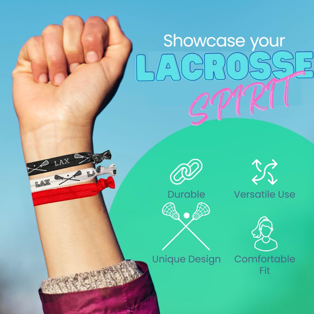 Lacrosse Hair Accessories, Lacrosse Hair Ties, No Crease Lacrosse Hair Elastics Set (Red)