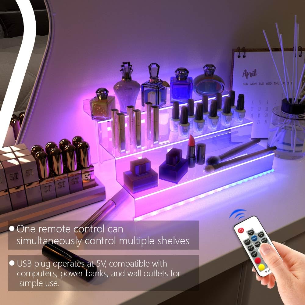 Care&More Yj 12 In Clear Acrylic Perfume Organizer With Led, Nail Polish Rack Cologne Holder,3 Tier Display Riser Shelf ,Toys, C