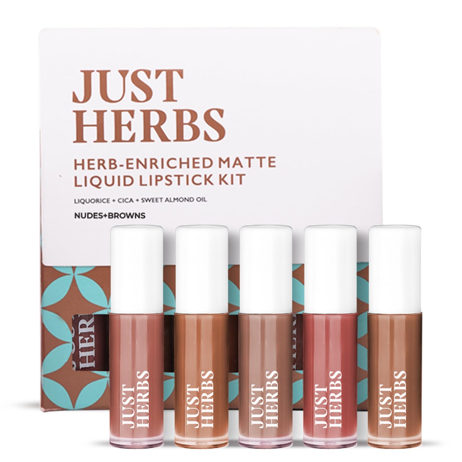 Just Herbs Organic Liquid Lipstick Kit Set Of 5, Hydrating & Lightweight Lip Color - Paraben & Silicon Free - 1.6 Fl Oz. (Nudes