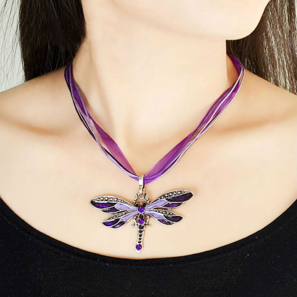 AKOAK Fashion Creative Bohemian Jewelry Ethnic Multi-layer Chain Colorful Enamel Dragonfly Pendant Necklace?Purple?