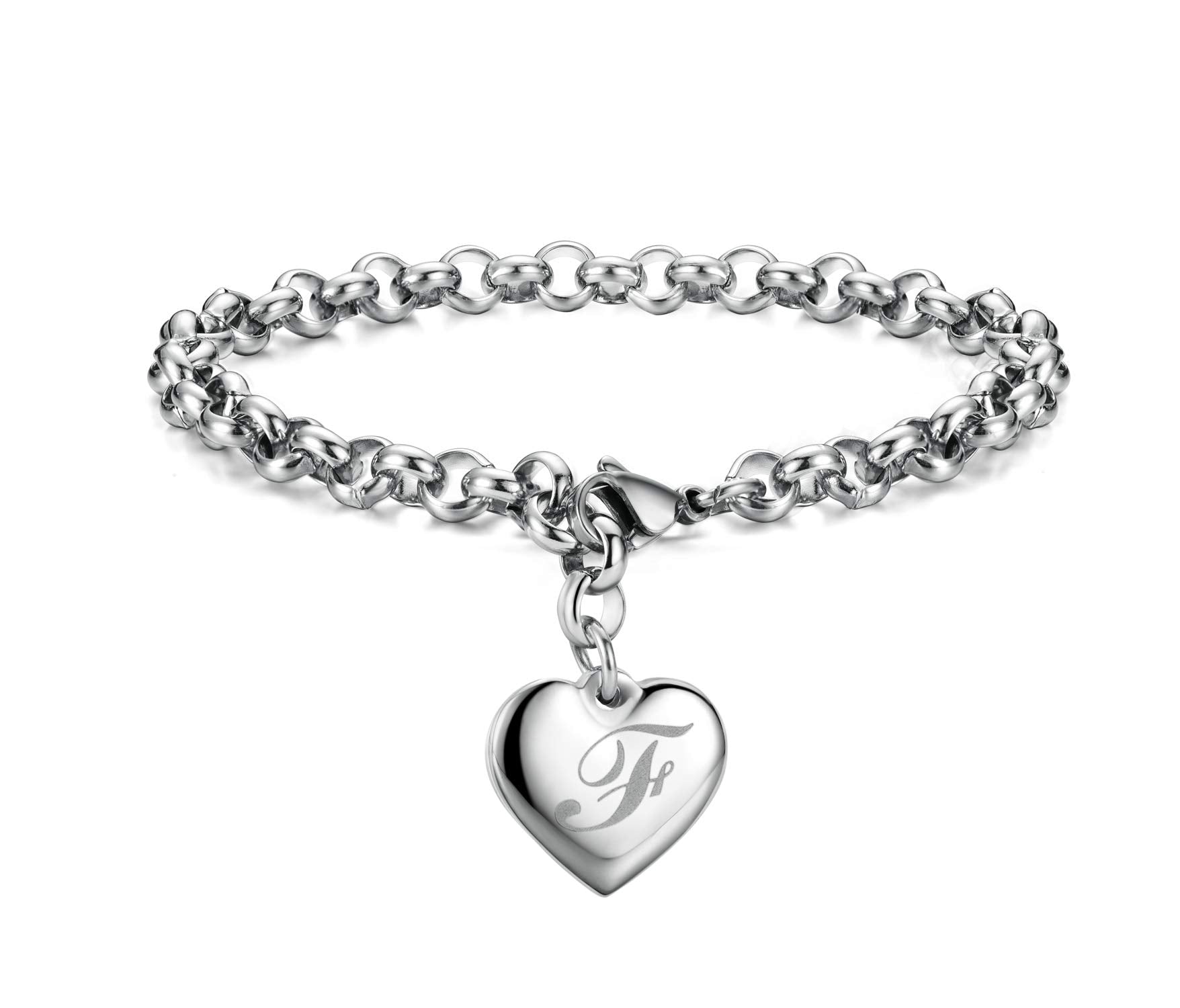 Monily Initial Charm Bracelets for Women Stainless Steel Charm Bracelets for Women Letters F Alphabet Heart Bracelet Jewelry Gif
