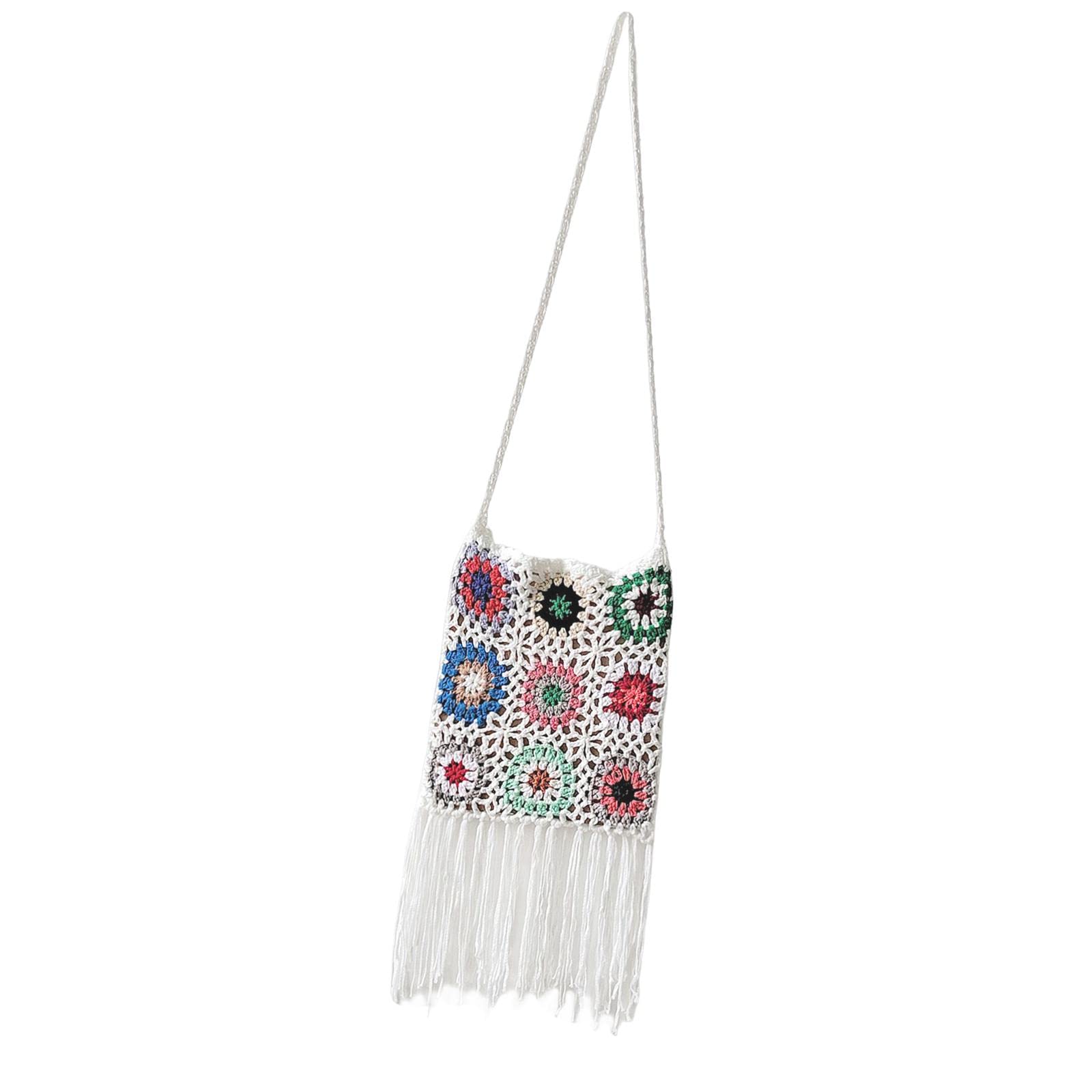 Snappsy Hand Crocheted Shoulder Bag Woven Tassel Bohemian For Beach Summer White