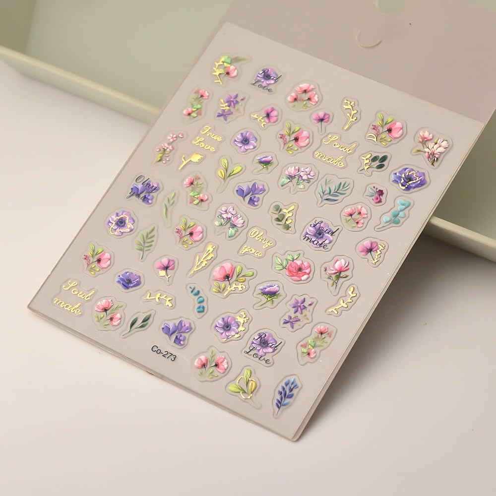 5D Embossed Flower Nail Art Stickers Floral Nail Stickers Flower Nail Decals Self-Adhesive With Leaf Designs Spring Summer Nail