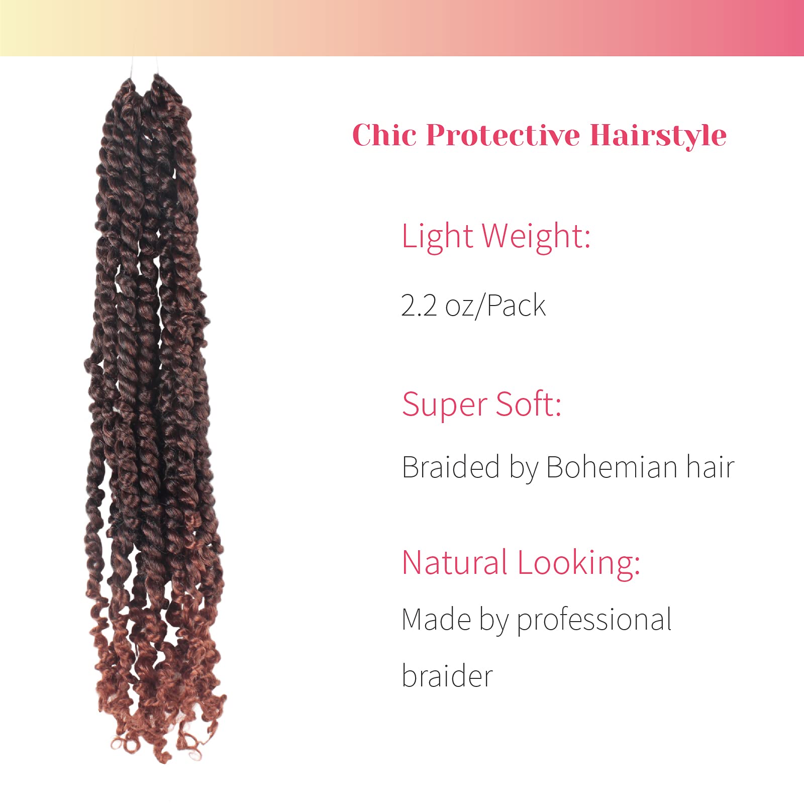 BOHOBABE Pre-twisted Passion Twist Crochet Hair, 14 Inch, 8 Packs, Synthetic, T350 Ombre Ginger Red