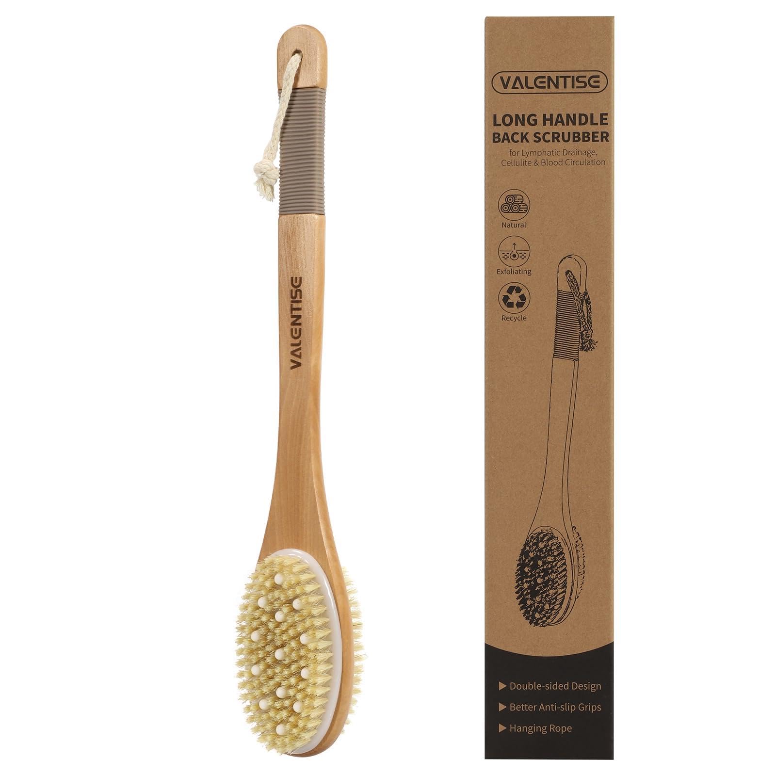 VALENTISE Back Scrubber for Shower, Shower Brush Long Handle with Boar Bristle and Massage Nodes, Exfoliating Body Scrubber for 