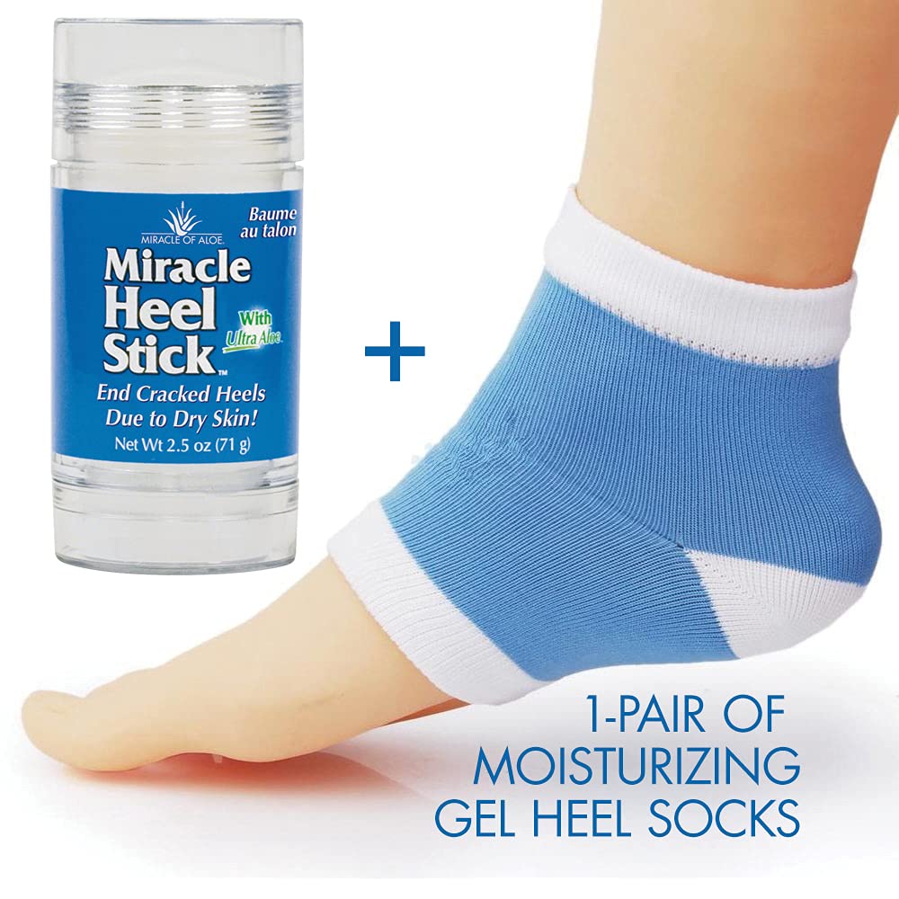 Miracle Of Aloe, Miracle Heel Stick - Gel Socks Combo With Ultraaloe, 2.5 Ounce Stick And Silicone Moisturizing Gel Heel Socks