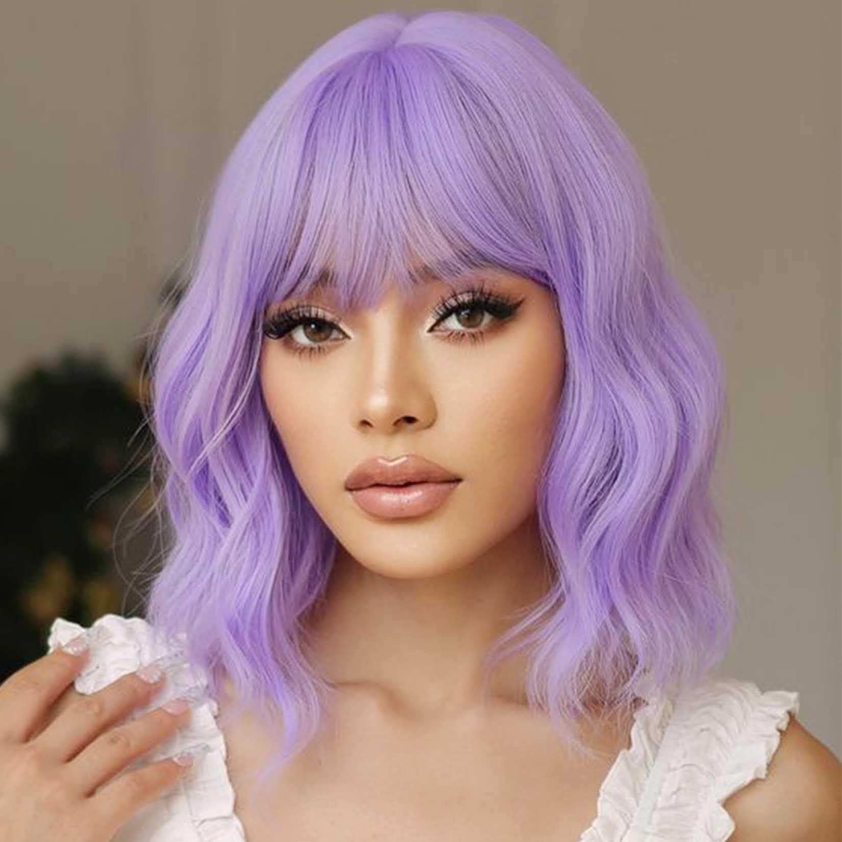 andromeda Purple Wig with Bangs Soft Short Bob Wavy Wigs for Women Synthetic Shoulder Length Women's Curly Wigs for Halloween Co