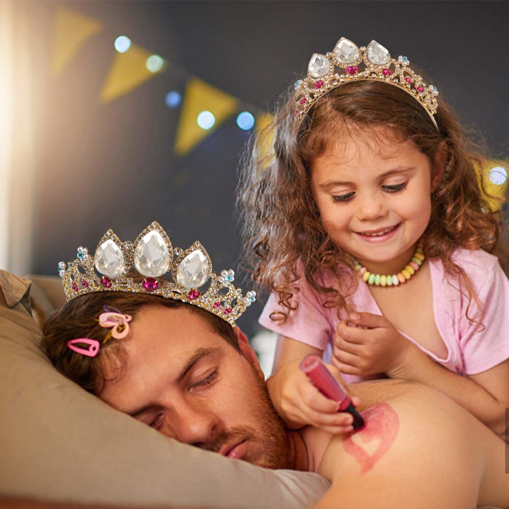 Cocide Girls Crystal Tiara Gold Birthday Crown Rapunzel Pearl Headband For Kid Rhinestone Princess Hairpiece For Women Red Gem W