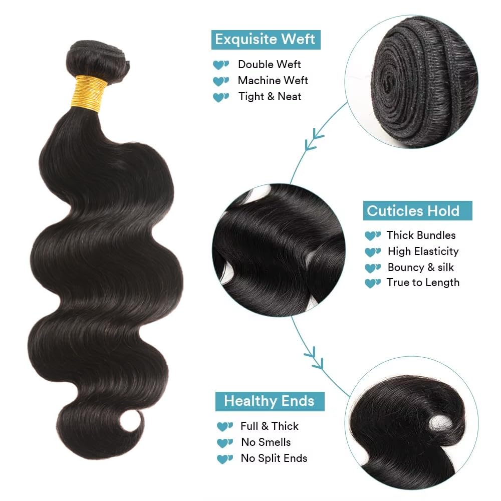 Body Wave Human Hair Bundles - Brazilian 2 Bundles for Black Women, 20 22 Inch, 10A Grade 100% Unprocessed Extensions, Natural B