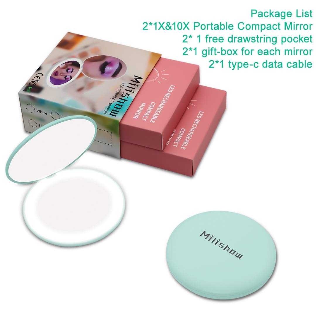Milishow 2Pc Compact Mirror With Led Light,1X10X Magnifying Rechargeable Mirror,35In Pocket Mirror, Dimmable Travel Mirror For H