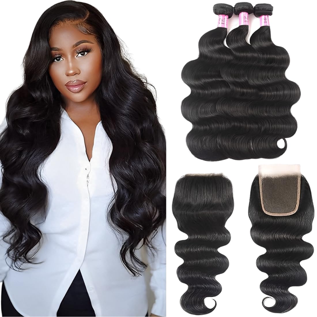 UNice Hair Icenu Series Brazilian Body Wave 3 Bundles with Free Part Lace Closure, Unprocessed Virgin Human Hair Wefts Extension