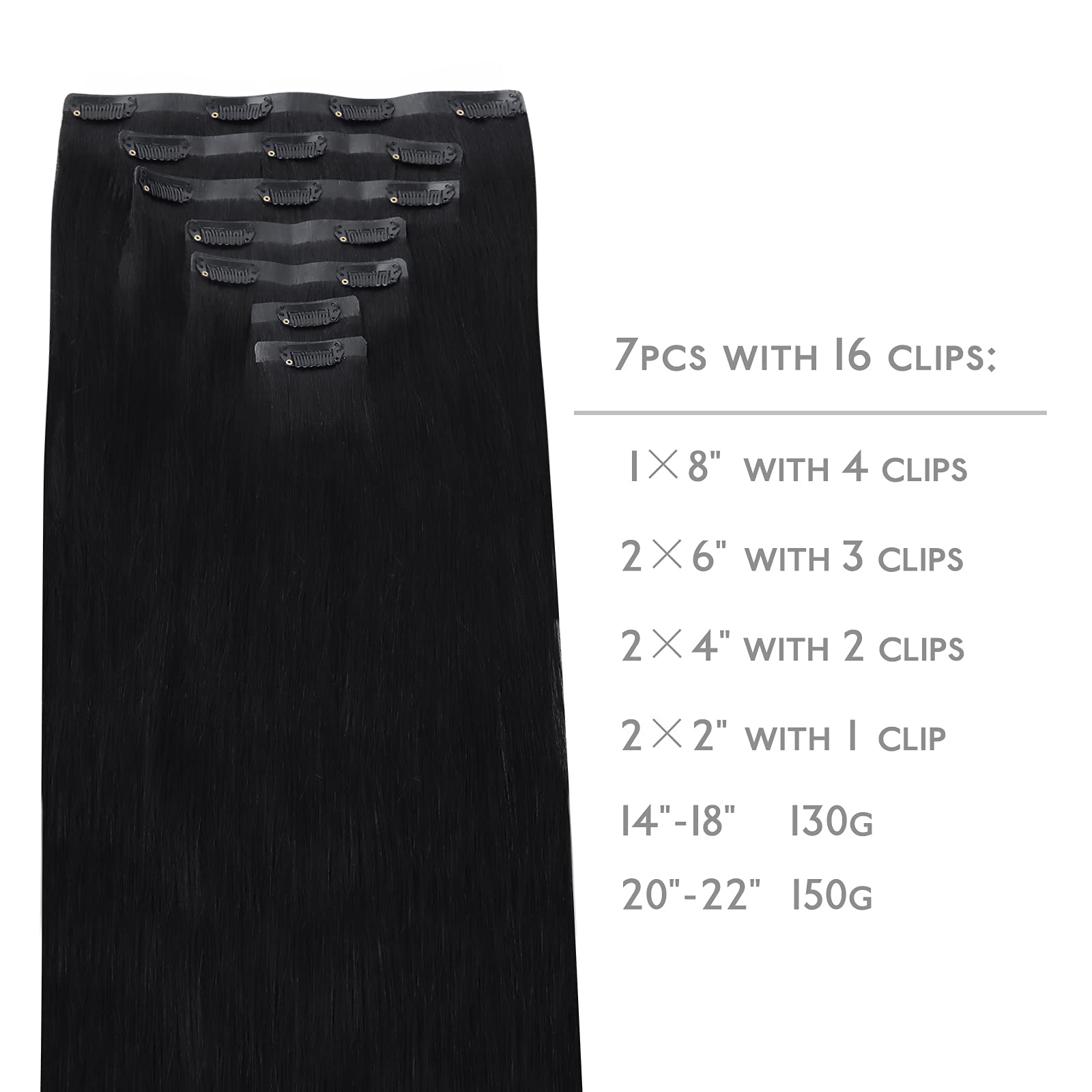 Wennalife Seamless Clip In Hair Extensions, 18 Inch 130G 7Pcs Jet Black Hair Extensions Clip In Human Hair Invisible Pu Skin Wef