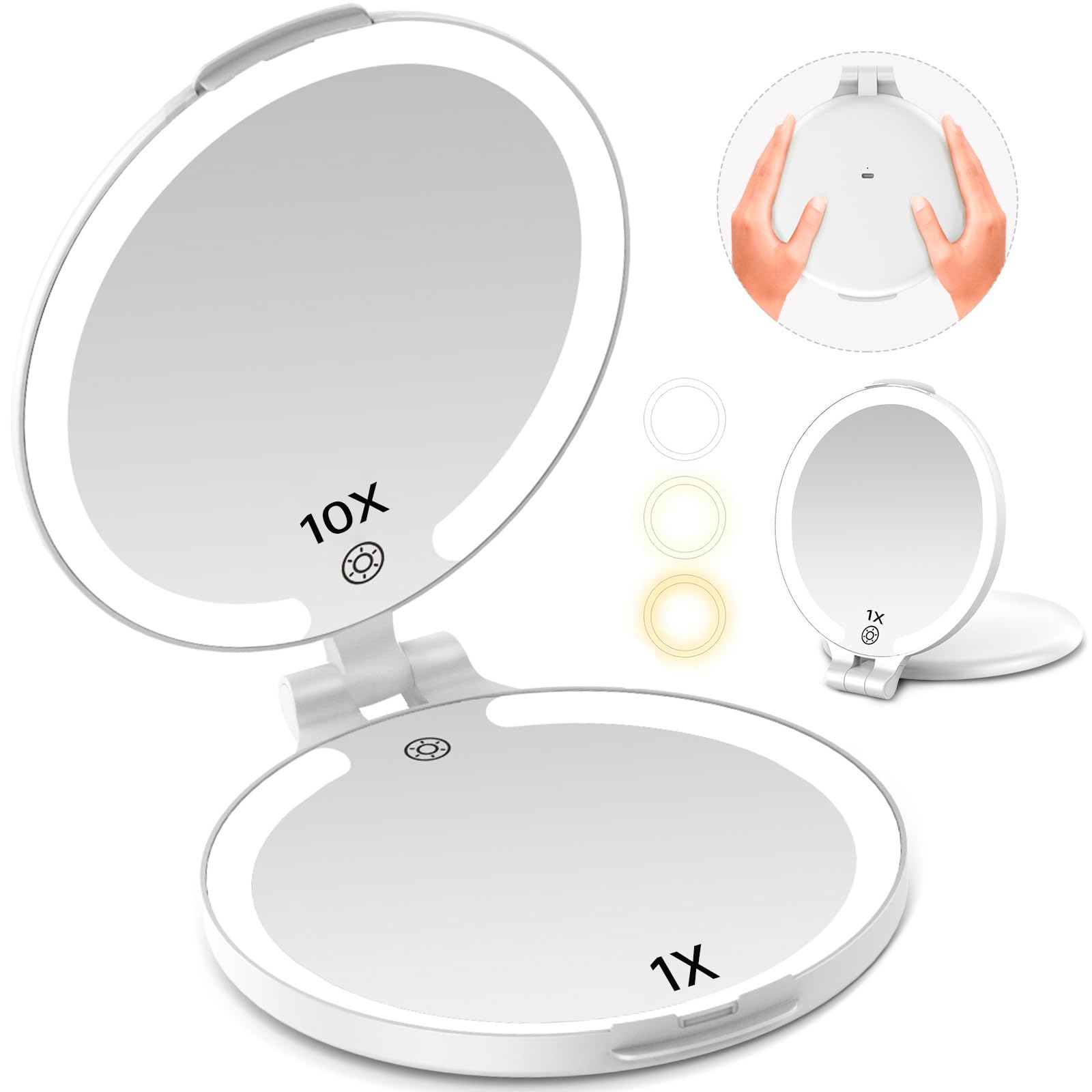 FUNTOUCH 7'' Travel Makeup Mirror with Lights 10X Magnifying, 3 Color Portable Double Side Vanity Mirror with Rechargeable for T