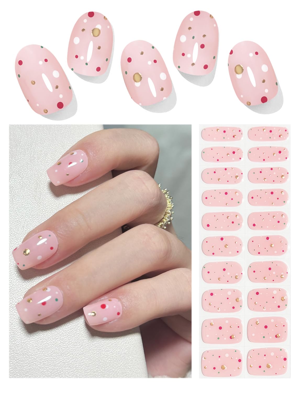 Semi Cured Gel Nail Strips, 20pcs Gel Nail Stickers UV, Semi Cured Gel Nail Wraps for Home Nails DIY -Dots