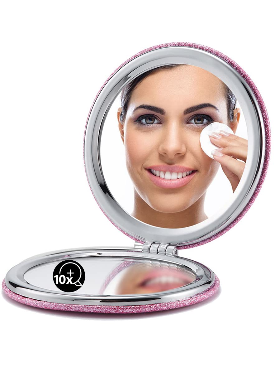 Omiro 1X/10X(300R) Magnifying Compact Mirror With Pu Leather, Ultra-Portable For Purses And Travel, Round Pink
