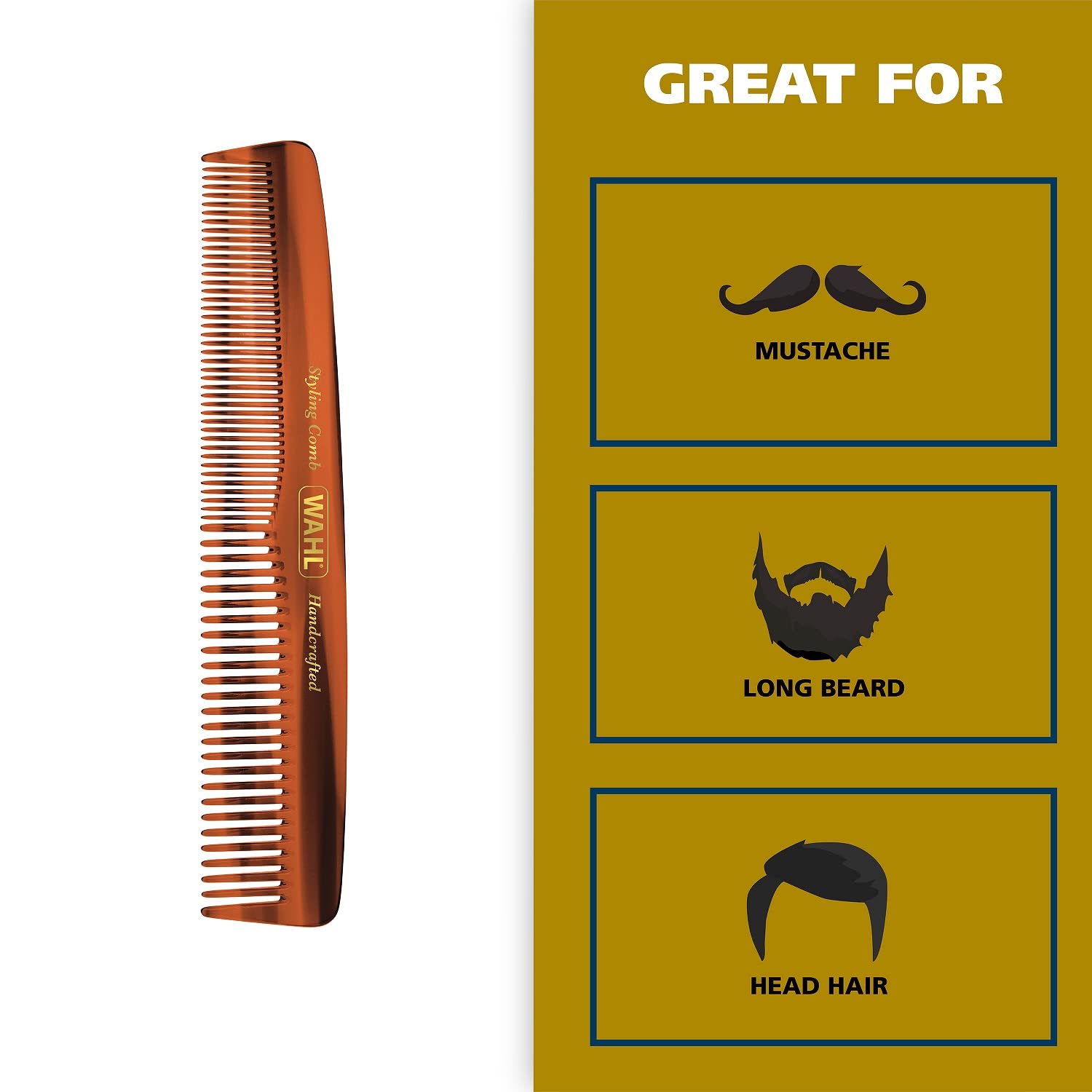 Wahl Beard, Mustache, & Hair Styling Comb For Men'S Grooming - Handcrafted & Hand Cut With Cellulose Acetate - Smooth, Rounded T