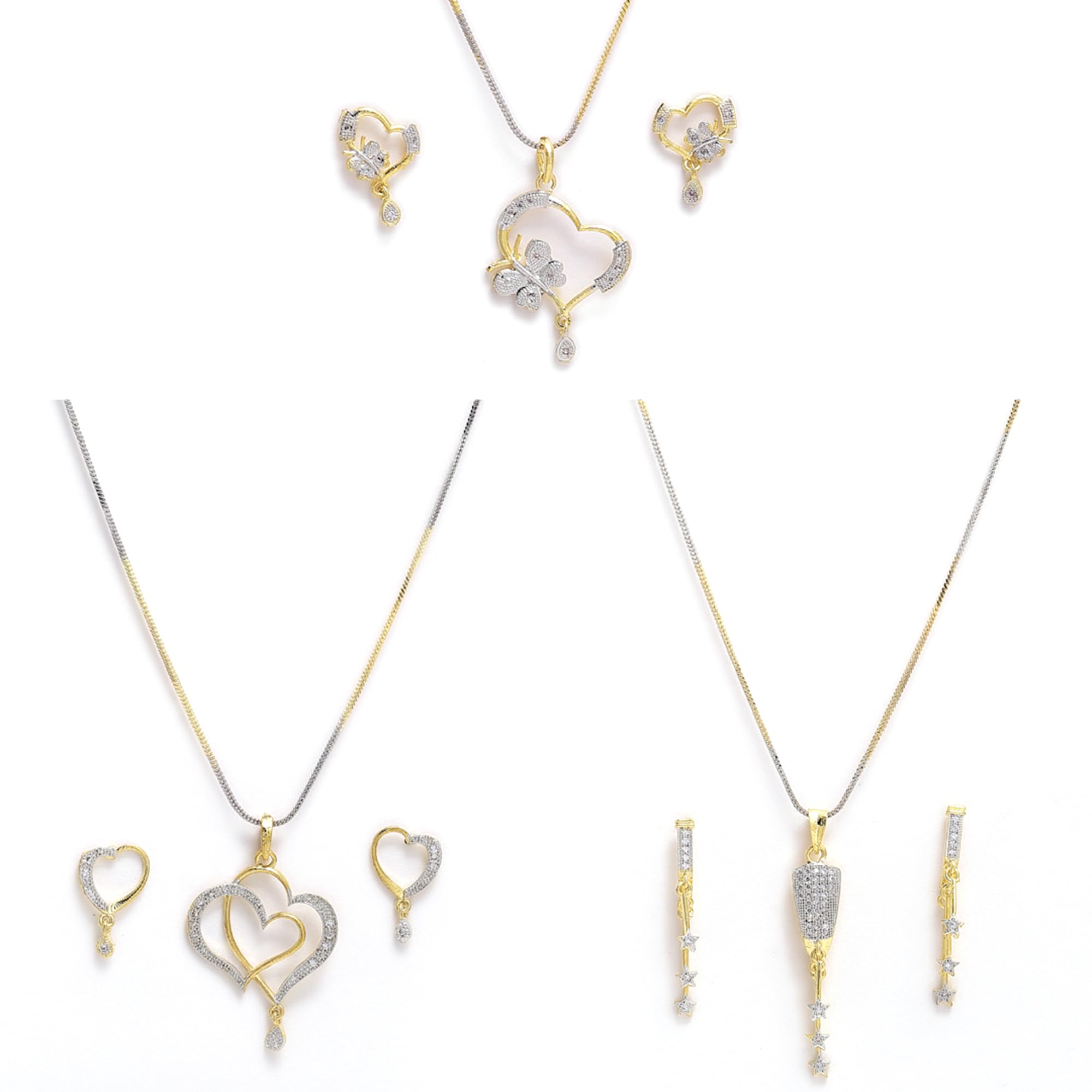 Zeneme Heart Shape Ad and Gold Plated Big Size Pendant Necklace Set for Women & Girls Set of 3 (Valentine Gift Special)
