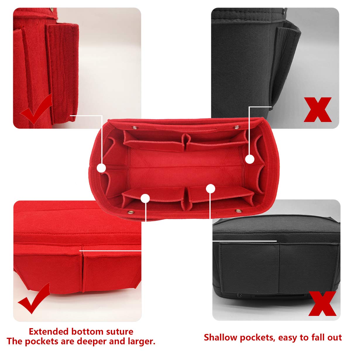 LEXSION Felt Purse Organizer Insert Multi Pocket Bag in Bag Organizer For Tote & Handbag Shaper 8008 Red XL