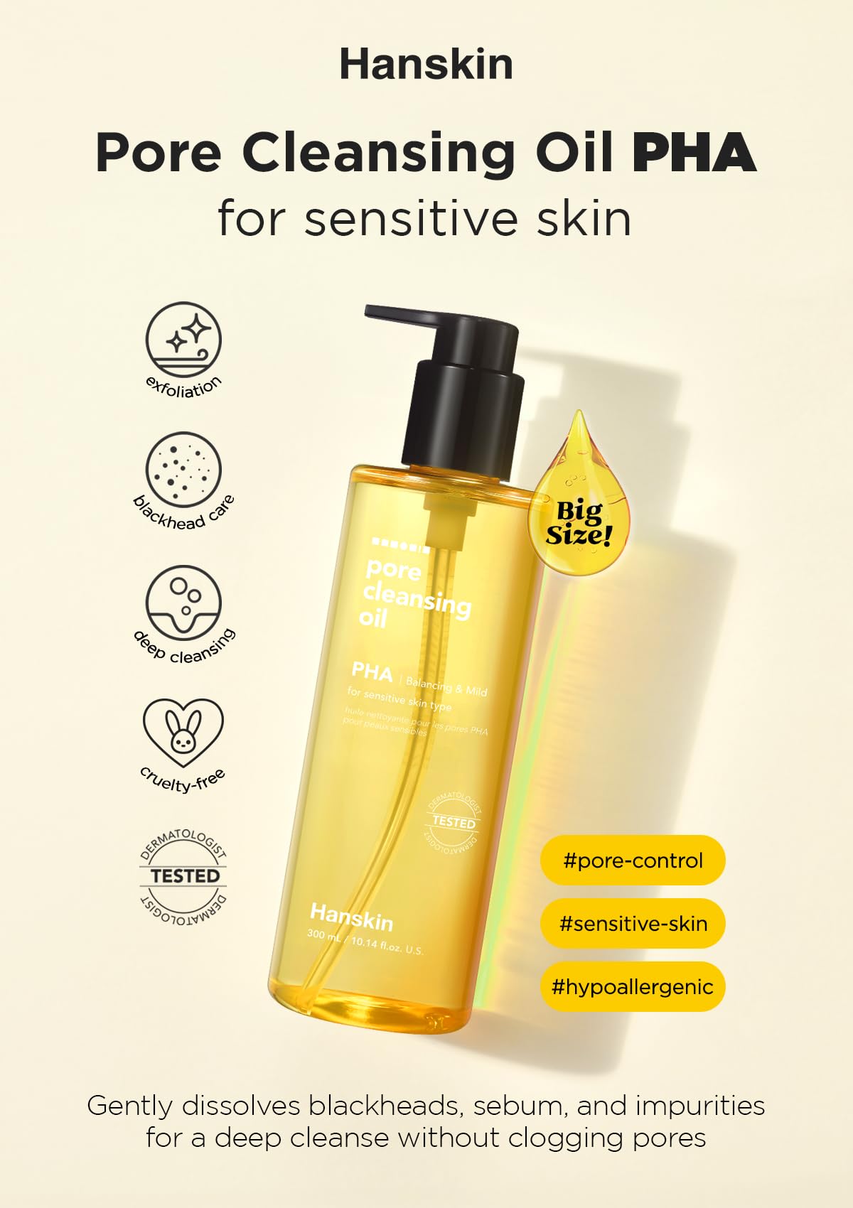Hanskin Pore Cleansing Oil, Oil Cleanser For Face, Makeup Blackhead Remover, Korean Cleanser For Sensitive Skin [Pha] (10.14 Oz)