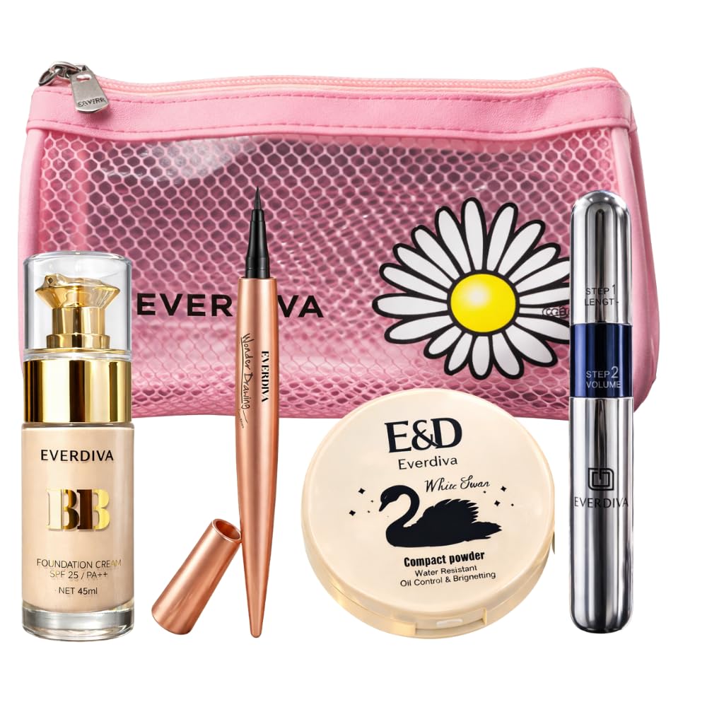 Complete Eye & Face Makeup Combo Kit | Eyeliner, Bb Foundation, Compact Powder & Mascara With A Makeup Bag | Smooth Base, Define