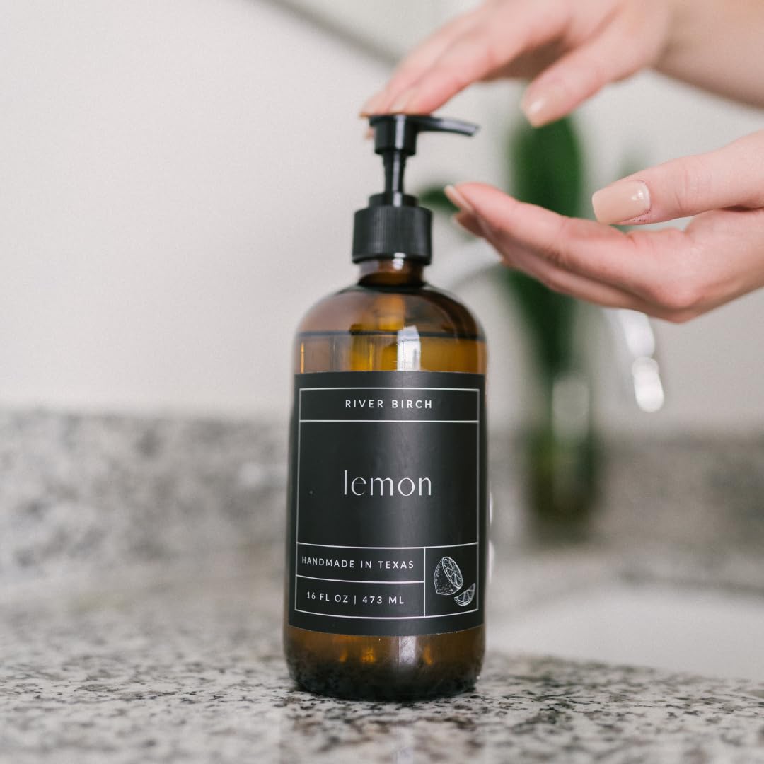 River Birch Lemon Scented Natural Hand Soap - Handmade Hand Soap - Moisturizing Hand Wash With Amber Glass Dispenser - Luxury Sc