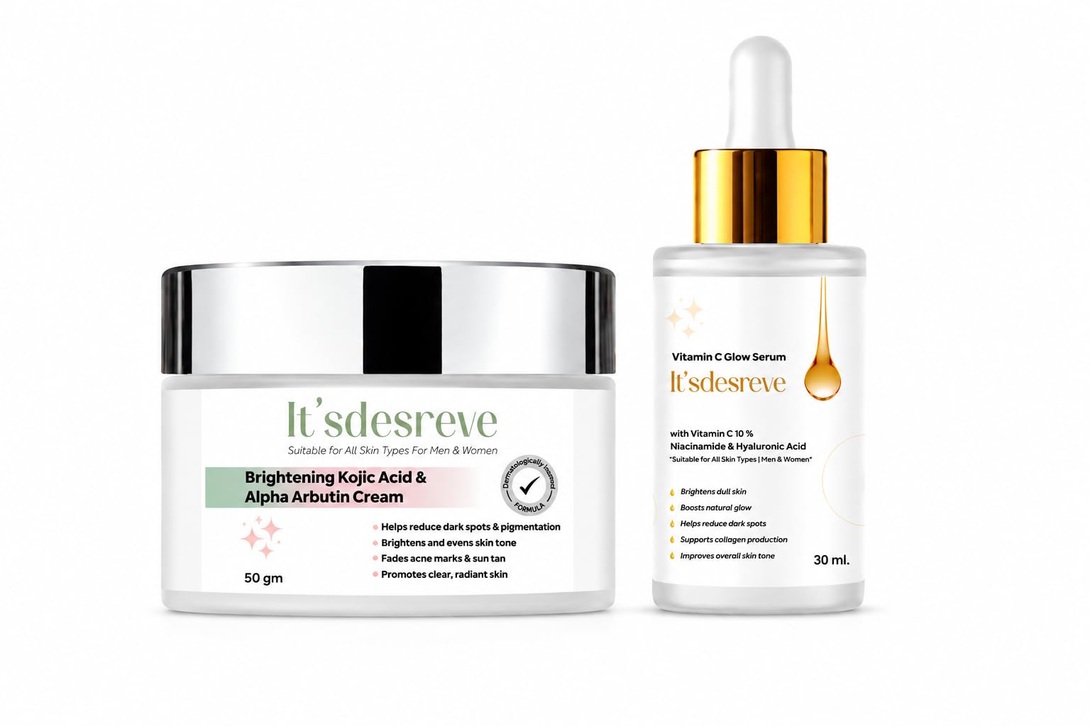 ItSdesreve Vitamin C Face Serum And Kojic Acid Cream Combo, With Niacinamide, Hyaluronic Acid And Alpha Arbutin, Brightening, D