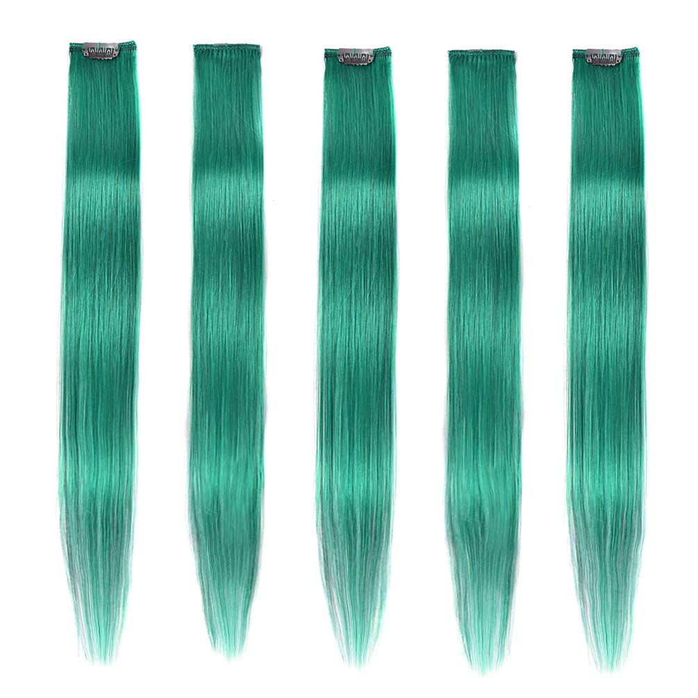 Winsky Teal Hair Extensions Clip In Human Hair - 100% Straight Halloween Party Highlights Clip On Colored Hair Extensions 5 Piec