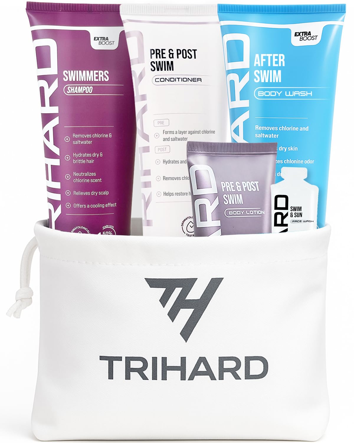 TRIHARD Chlorine Defense Gift Set for Hair & Skin Swim Protection | Pre & Post Swim Shampoo, Conditioner, Body Wash, & Lotion | 