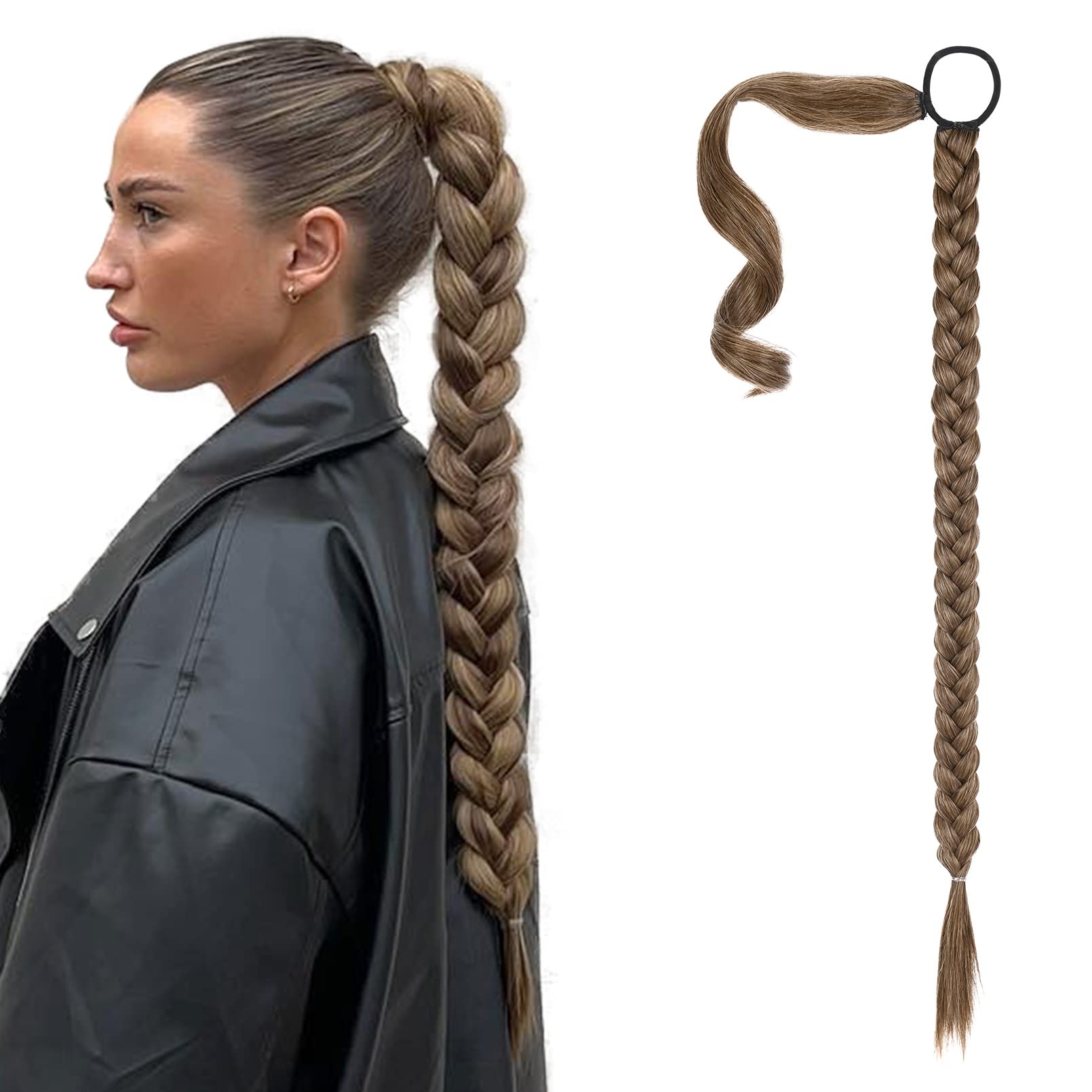 SEIKEA Upgraded Long Braid Ponytail Extension with Elastic Tie Straight Sleek Wrap Around Braid Hair Extensions Ponytail Dark As