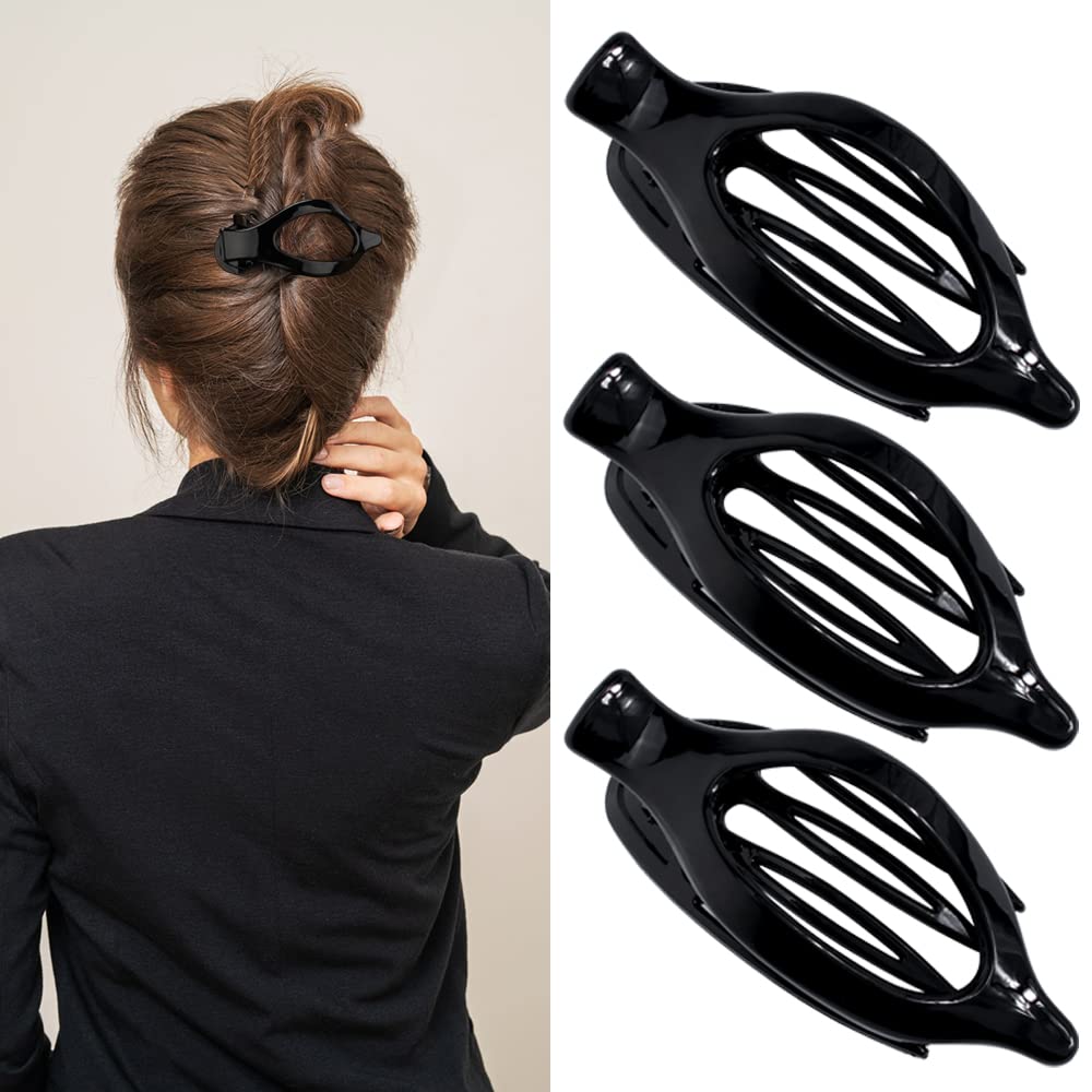 ATODEN Black Hair Barrettes - Alligator Claw Clips, 3 French Lay Down Duck Billed Clips for Thin Hair