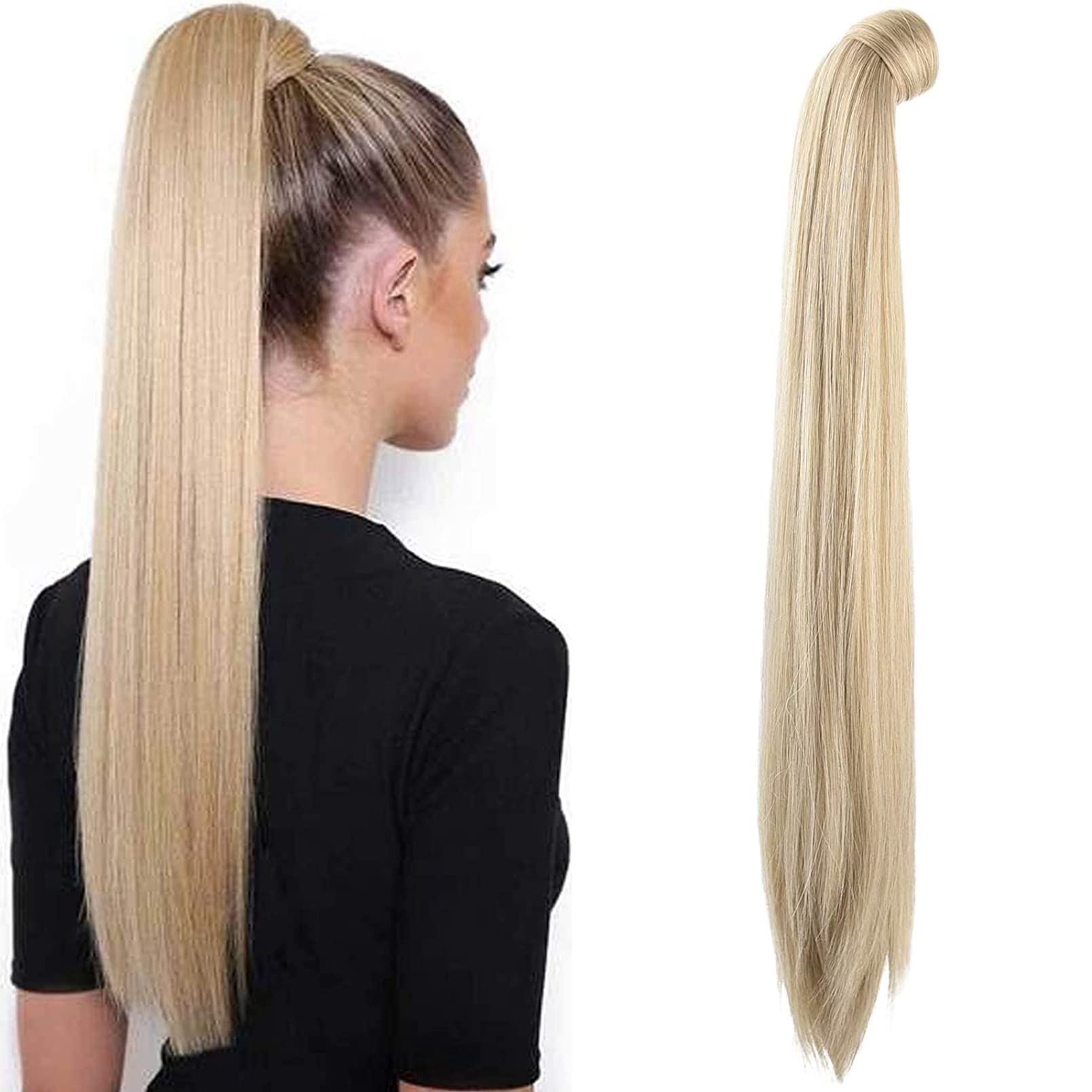 SEIKEA 28 Inch Clip in Ponytail Extension Wrap Around Long Straight Pony Tail Hair Synthetic Hairpiece for Women Color Blonde wi