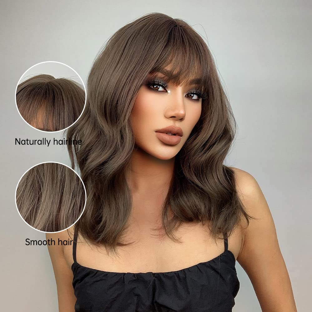 Emmor Short Curly Wigs With Bangs,Wavy Bob Wigs For Women Heat Resistant Synthetic Wigs Shoulder Length Wigs Natural Looking (Br