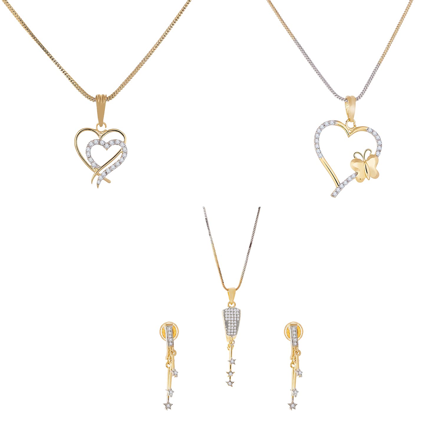 ZENEME Heart Shape Ad and Gold Plated Big Size Pendant Necklace Set for Women & Girls Set of 3 (Design 6)