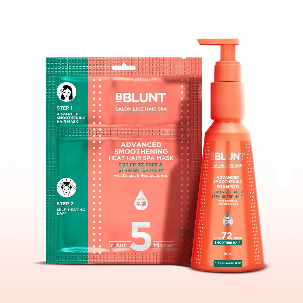 Bblunt Advanced Smoothening Combo | Shampoo - 300 Ml + Heat Spa Hair Mask - 70 G | Gently Cleanses | Makes Hair Frizz-Free & Str